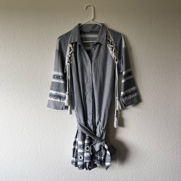 Dodo Bar Or Eviyatar Romper Revolve Grommet Detail Pockets Loose Fit Blue White - Picture 2 of 7